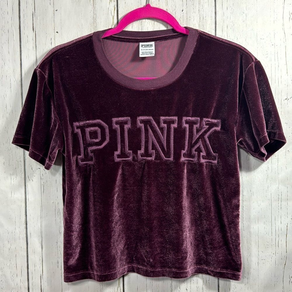 Pink Victorias Secret Velvet Y2K Cropped Short Sleeve Spell Out Burgundy Top